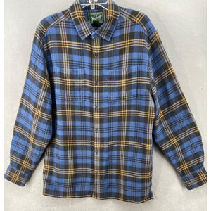 Woolrich Shirt Mens Sz L Blue Yellow Plaid Organic Cotton Heavy Pockets Buttons‎